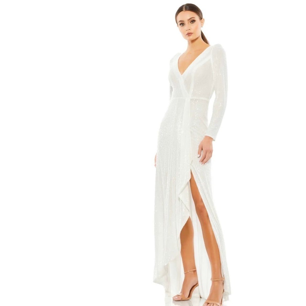 Mac Duggal Size 2 $398 NWT Sequin Wrap High Low Long Sleeve Wrap Gown